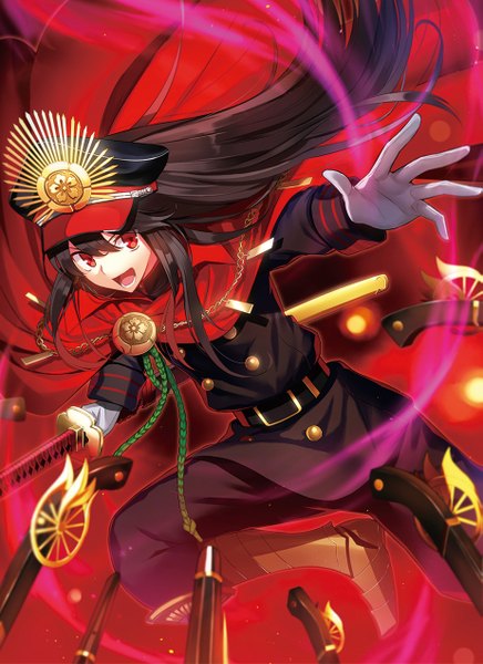Anime picture 923x1268 with fate (series) fate/grand order oda nobunaga (fate) (all) oda nobunaga (fate) fuyuki (neigedhiver) single long hair tall image open mouth black hair red eyes bent knee (knees) red background fighting stance girl gloves uniform weapon sword white gloves