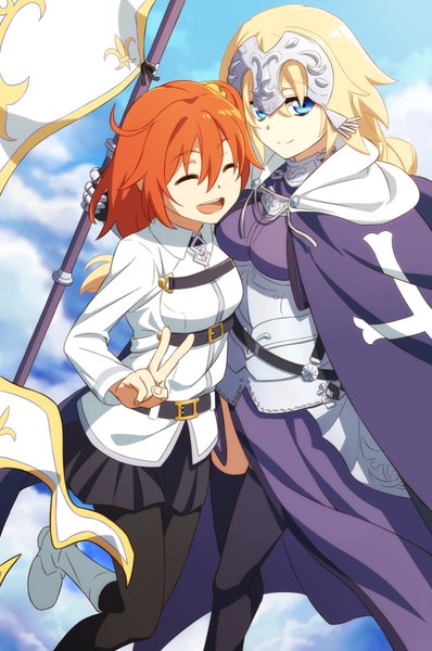 Anime picture 576x867 with fate (series) fate/grand order fate/apocrypha jeanne d'arc (fate) (all) jeanne d'arc (fate) fujimaru ritsuka (female) oiun (artist) long hair tall image looking at viewer fringe breasts open mouth blue eyes blonde hair smile hair between eyes standing multiple girls holding