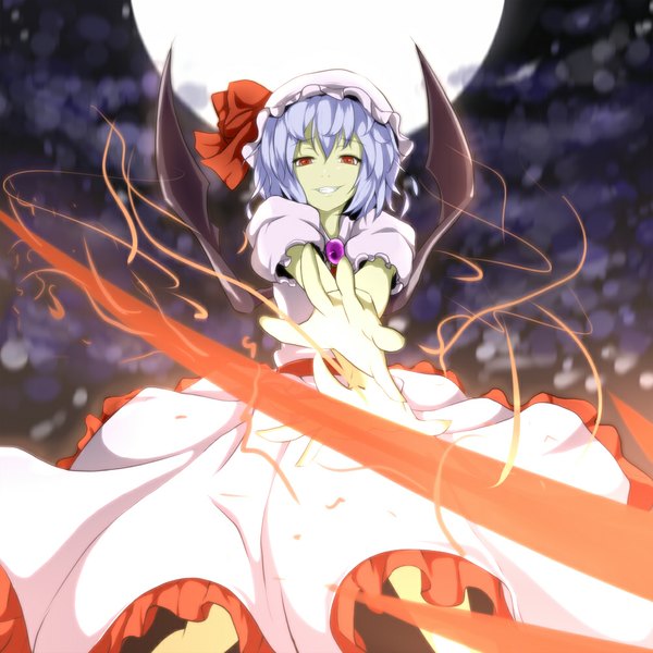 Anime picture 1000x1000 with touhou remilia scarlet jurakin single looking at viewer short hair red eyes blue hair girl dress wings moon bonnet spear