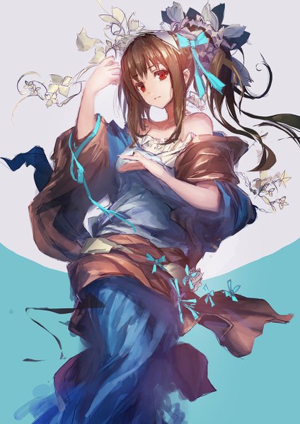 Anime picture 870x1232 with original lm7 (op-center) single long hair tall image looking at viewer red eyes brown hair bare shoulders traditional clothes girl bow ribbon (ribbons) plant (plants) hair ribbon