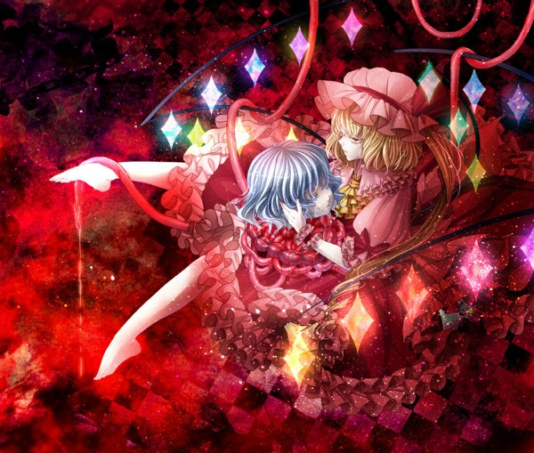 Anime picture 1000x849 with touhou flandre scarlet remilia scarlet rinko (mg54) short hair blonde hair red eyes multiple girls blue hair barefoot guro girl dress 2 girls wings frills bonnet crystal