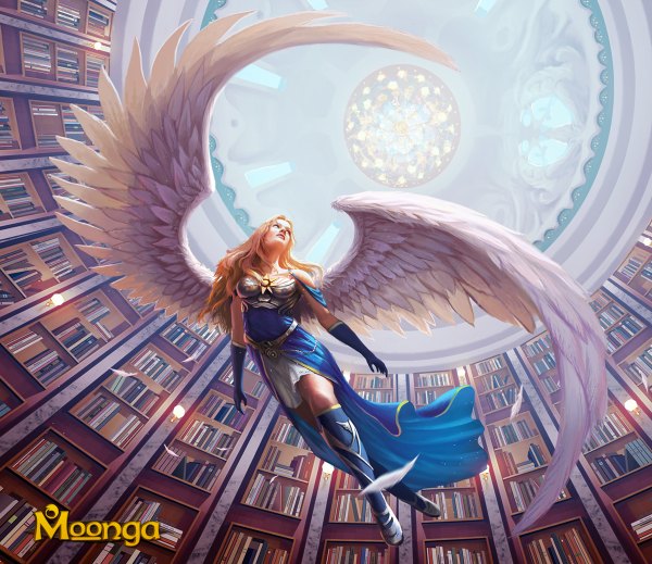 Anime picture 1200x1038 with moonga edli (artist) single long hair blonde hair indoors flying angel wings angel girl dress gloves wings elbow gloves belt book (books) feather (feathers) library