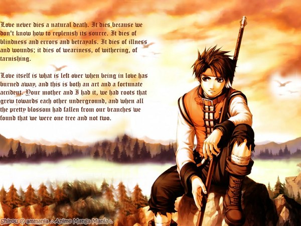 Anime picture 1024x768 with genso suikoden 3 short hair brown eyes cloud (clouds) evening sunset boy animal tree (trees) bird (birds) vest forest