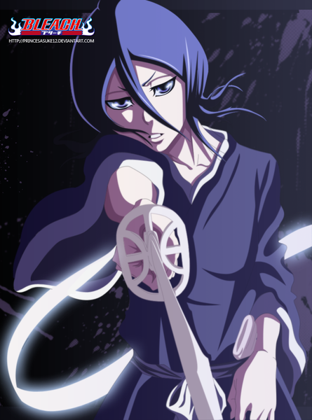 Anime picture 770x1038 with bleach studio pierrot kuchiki rukia akira-12 single tall image short hair purple eyes purple hair traditional clothes japanese clothes inscription coloring girl weapon sword belt kimono katana