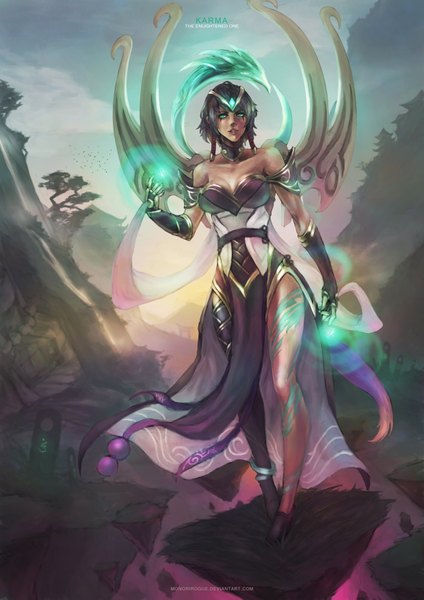 Anime picture 2480x3508 with league of legends karma (league of legends) monori rogue single tall image looking at viewer highres short hair black hair bare shoulders green eyes lips tattoo dark skin magic mountain glow girl dress plant (plants)