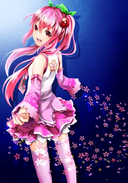 Anime picture 1500x2142 with project diva f 2nd vocaloid hatsune miku sakura miku akira ry0 single long hair tall image blush open mouth smile red eyes twintails pink hair nail polish :d looking back gradient background blue background girl