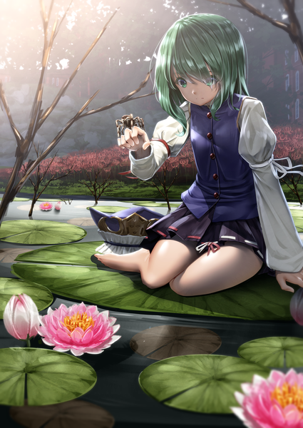 Anime picture 1000x1412 with touhou shikieiki yamaxanadu ryosios single tall image fringe short hair hair between eyes sitting green eyes outdoors long sleeves pleated skirt barefoot green hair sunlight arm support bare legs puffy sleeves expressionless