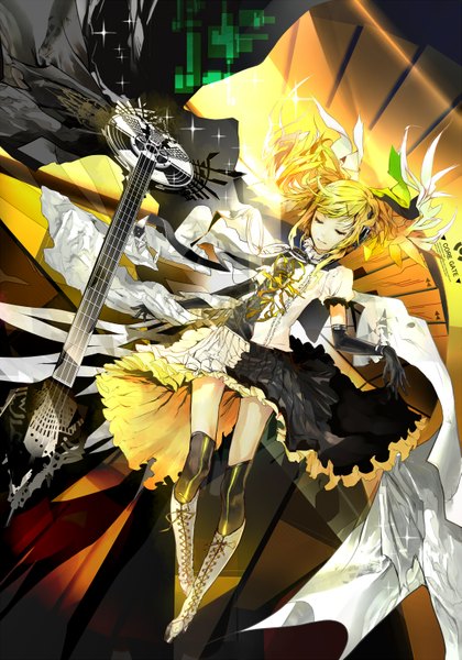 Anime picture 1101x1574 with vocaloid meltdown (vocaloid) kagamine rin nil (artist) single long hair tall image blonde hair twintails eyes closed girl thighhighs dress gloves hair ornament ribbon (ribbons) hair ribbon elbow gloves hairclip headphones