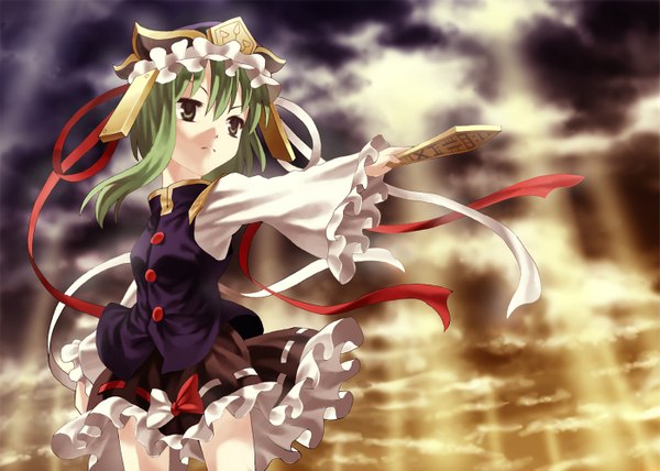 Anime picture 1400x1000 with touhou shikieiki yamaxanadu tagme (artist) green eyes sky green hair girl ribbon (ribbons) hat rod of remorse