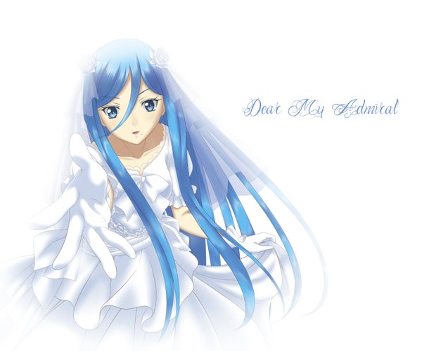 Anime picture 3000x2500 with aoki hagane no arpeggio takao (aoki hagane no arpeggio) jishou roukyuu single long hair looking at viewer highres open mouth blue eyes simple background white background blue hair girl dress gloves white gloves wedding dress