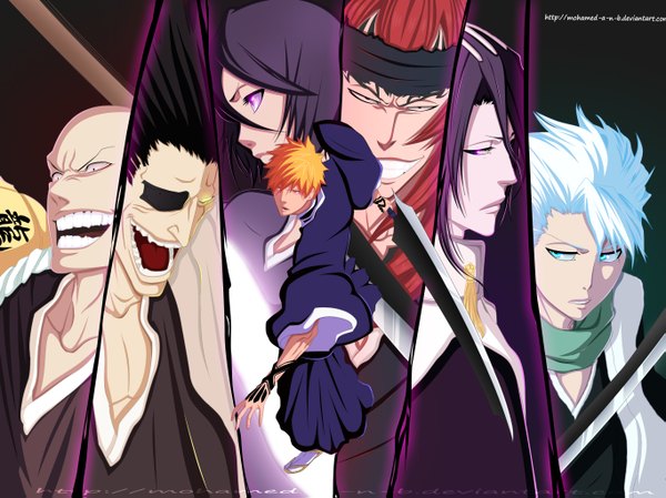 Anime picture 1365x1023 with bleach studio pierrot kurosaki ichigo kuchiki rukia hitsugaya toushirou kuchiki byakuya abarai renji zaraki kenpachi madarame ikkaku m-shu long hair short hair open mouth black hair silver hair red hair japanese clothes multicolored hair aqua eyes black eyes