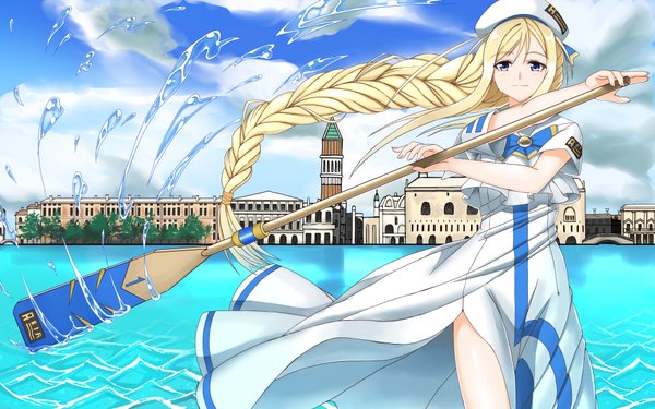 Anime picture 1920x1200 with aria alicia florence hiroshi (hunter-of-kct) single looking at viewer highres blue eyes blonde hair sky cloud (clouds) braid (braids) very long hair wind city single braid cityscape girl uniform sea building (buildings)