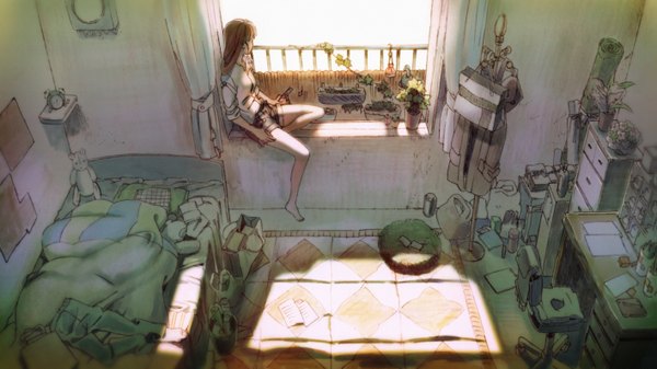 Anime picture 1415x796 with original kaisen single brown hair wide image full body barefoot sunlight bare legs back girl flower (flowers) plant (plants) shorts window pillow bed pants toy cloak
