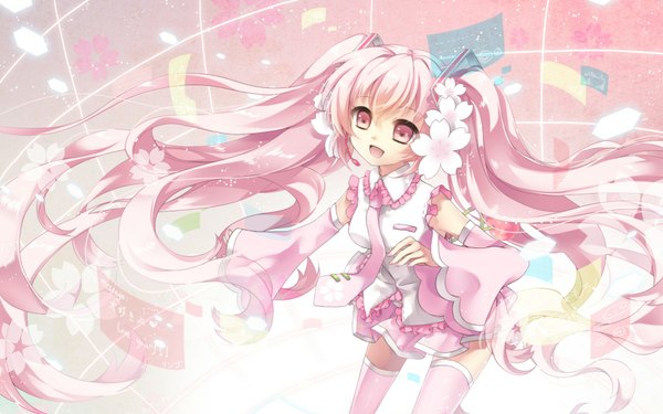 Anime picture 1680x1050 with vocaloid hatsune miku sakura miku ceru single fringe open mouth smile wide image twintails pink hair very long hair nail polish pink eyes hair flower from above looking up abstract girl thighhighs