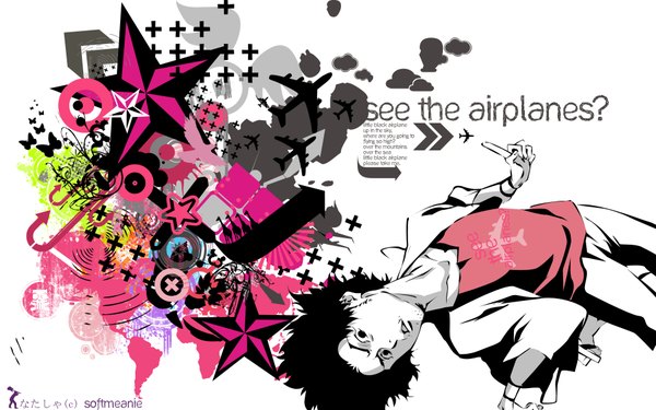 Anime picture 1920x1200 with samurai champloo mugen (samurai champloo) highres black hair wide image white background star (symbol) aircraft airplane