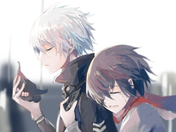 Anime picture 2362x1772 with tokyo ghoul tokyo ghoul:re studio pierrot kaneki ken kirishima touka ringo (ruoyuwang) fringe highres short hair open mouth purple hair white hair eyes closed profile hair over one eye hug tears crying sad hug from behind