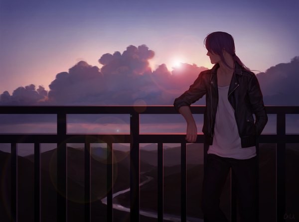 Anime picture 1400x1042 with vocaloid kamui gakupo auau single long hair sky purple hair cloud (clouds) ponytail open clothes open jacket evening sunset mountain river hair over eyes boy jacket sun fence