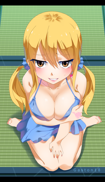 Anime picture 1051x1818 with fairy tail lucy heartfilia tongasart single long hair tall image looking at viewer blush breasts light erotic blonde hair large breasts sitting twintails bare shoulders brown eyes nail polish barefoot fingernails light smile