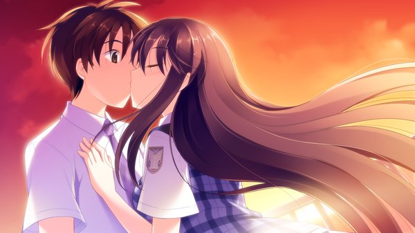 Anime picture 2048x1152 with shinsei ni shite okasubekarazu (game) kunitomo miori watari masahito long hair highres short hair black hair wide image brown eyes game cg couple kiss girl boy serafuku