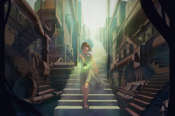 Anime picture 1798x1200 with original sonson single highres short hair brown hair yellow eyes barefoot ruins girl sundress lantern stairs lamp