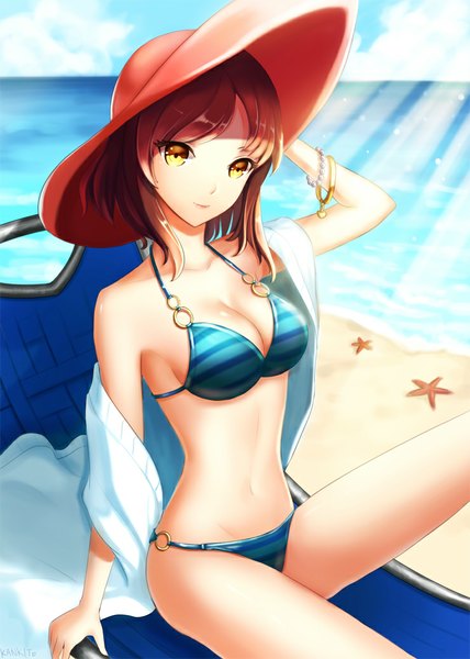 Anime picture 740x1036 with original kankito single tall image looking at viewer blush short hair breasts light erotic brown hair large breasts sitting bare shoulders yellow eyes sky cleavage cloud (clouds) light smile lips sunlight