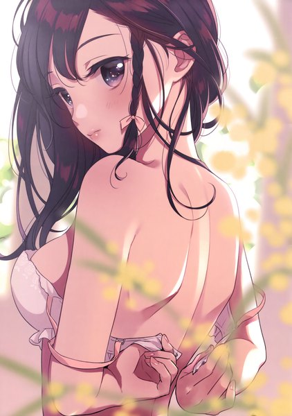 Anime picture 2323x3300 with original morikura en single long hair tall image looking at viewer blush highres light erotic brown hair purple eyes upper body looking back lips blurry scan back undressing girl lingerie