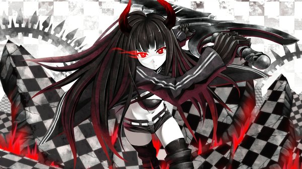 Anime picture 1920x1080 with black rock shooter black gold saw ac (eshi) single long hair highres black hair red eyes wide image midriff wallpaper glowing glowing eye (eyes) checkered floor checkered destruction cropped girl thighhighs navel