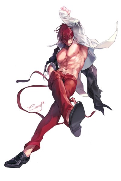 Anime picture 1000x1500 with the king of fighters snk yagami iori comet (teamon) single tall image looking at viewer fringe short hair simple background red eyes white background sitting full body red hair open clothes open shirt muscle hand in pocket boy