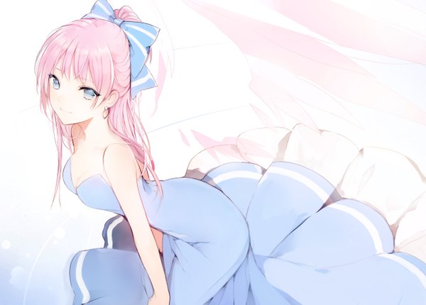 Anime picture 1280x919 with original lpip single long hair looking at viewer blush fringe blue eyes smile bare shoulders pink hair ponytail from above leaning leaning forward sleeveless girl dress bow hair bow