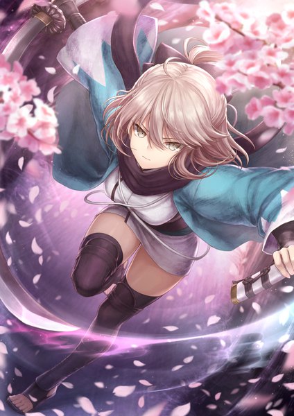 Anime picture 1447x2047 with fate (series) fate/grand order okita souji (fate) (all) okita souji (koha-ace) mashuu (neko no oyashiro) single tall image looking at viewer fringe short hair light erotic blonde hair hair between eyes bent knee (knees) ponytail traditional clothes japanese clothes grey eyes cherry blossoms lens flare