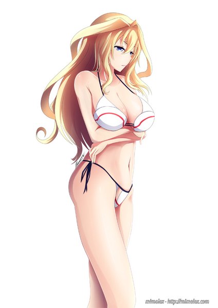 Anime picture 640x905 with gakusen toshi asterisk claudia enfield mimelex single long hair tall image blush fringe breasts blue eyes light erotic simple background blonde hair hair between eyes large breasts standing white background bare shoulders signed payot