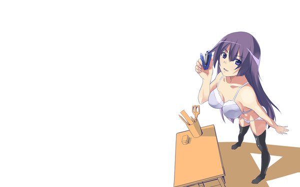 Anime picture 1280x800 with bakemonogatari shaft (studio) monogatari (series) senjougahara hitagi single long hair breasts open mouth blue eyes light erotic wide image white background purple hair shadow underwear only girl thighhighs underwear panties table