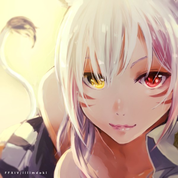Anime picture 1024x1024 with final fantasy final fantasy xiv square enix miqo'te lili mdoki single long hair looking at viewer fringe light erotic simple background smile hair between eyes red eyes signed animal ears yellow eyes white hair tail lying