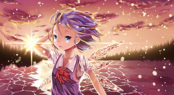 Anime picture 1985x1095 with touhou cirno dying0414 single highres short hair open mouth blue eyes wide image looking away sky purple hair cloud (clouds) wind hand on head girl wings water sun ice