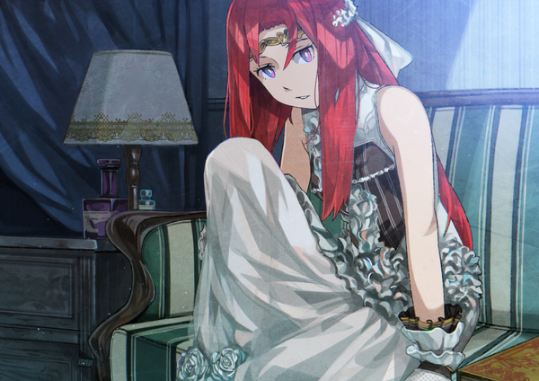 Anime picture 1023x724 with original rano single long hair sitting purple eyes bare shoulders looking away bent knee (knees) red hair sleeveless girl dress gloves frills transparent clothing couch bottle lamp