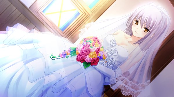 Anime picture 1024x576 with jesus 13th short hair wide image brown eyes game cg silver hair girl dress gloves flower (flowers) elbow gloves bouquet wedding dress strapless dress