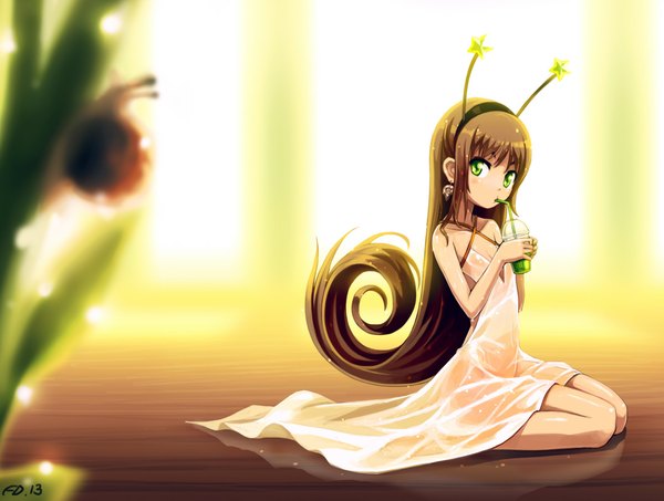 Anime picture 1060x801 with original bail single long hair looking at viewer fringe breasts brown hair green eyes signed cleavage ahoge reflection knees touching drinking girl dress plant (plants) earrings drink