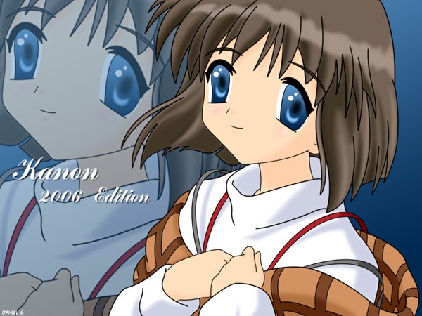 Anime picture 1024x768 with kanon key (studio) misaka shiori tagme (artist) single fringe short hair blue eyes brown hair upper body light smile inscription copyright name hand on chest close-up blue background zoom layer 2006 girl shawl