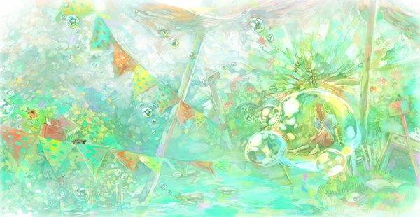 Anime picture 3443x1782 with original masaki (smoothiepool) single long hair highres brown hair wide image barefoot underwater girl plant (plants) water book (books) bubble (bubbles)