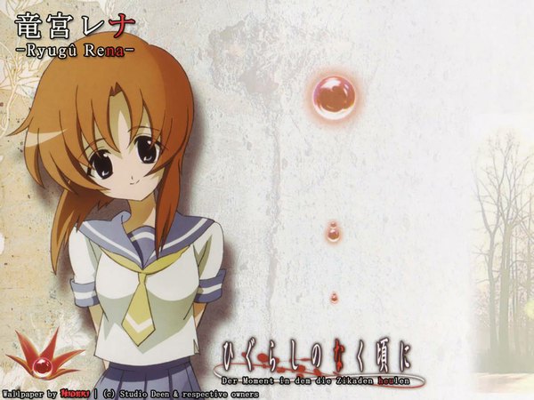 Anime picture 1152x864 with higurashi no naku koro ni studio deen ryuuguu rena single looking at viewer fringe short hair smile brown hair signed payot head tilt pleated skirt black eyes inscription copyright name character names girl skirt uniform