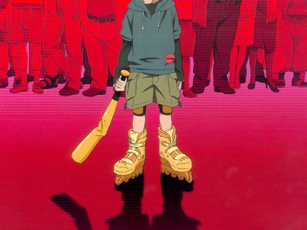 Anime picture 1024x768 with paranoia agent shounen bat inscription shadow vector third-party edit head out of frame boy shorts baseball bat crowd roller skates
