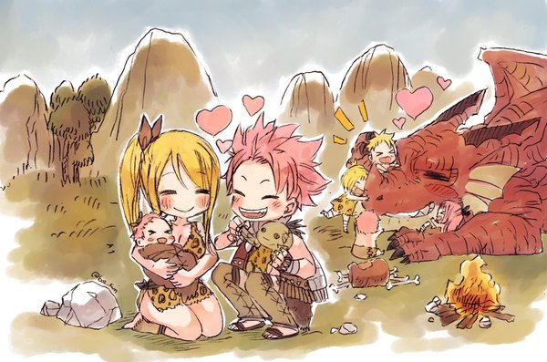 Anime picture 1100x729 with fairy tail lucy heartfilia natsu dragneel igneel rusky long hair blush short hair open mouth blonde hair smile standing sitting bare shoulders holding signed payot pink hair sky eyes closed
