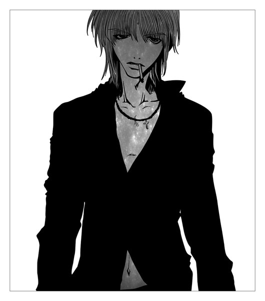 Anime picture 1000x1131 with saiyuki genjou sanzou morrow single tall image short hair simple background white background open shirt monochrome partially open clothes boy navel pendant cross cigarette cross necklace