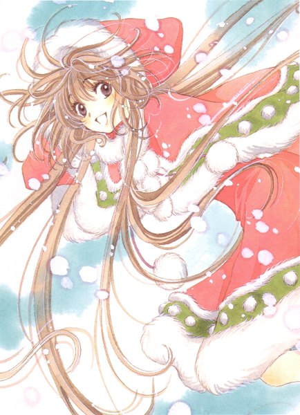 Anime picture 1884x2604 with kobato hanato kobato single long hair tall image highres open mouth smile brown hair brown eyes sky cloud (clouds) snowing christmas winter jumping girl fur hood pom pom (clothes)