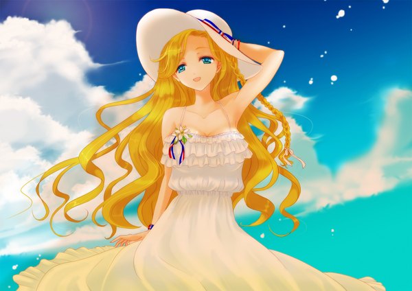Anime picture 1754x1240 with original itsuki (pixiv 2027110) single long hair highres open mouth blue eyes blonde hair smile bare shoulders looking away sky cloud (clouds) arms behind head girl dress ribbon (ribbons) hat bracelet white dress
