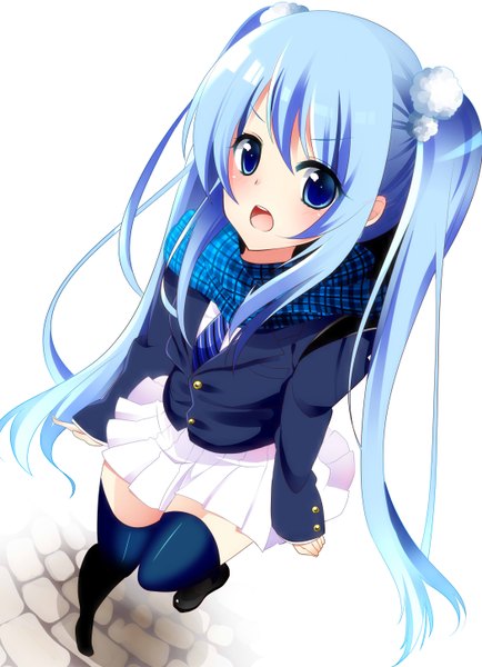 Anime picture 2100x2900 with vocaloid hatsune miku yuika (yurika712) single tall image blush highres open mouth blue eyes twintails blue hair very long hair zettai ryouiki girl thighhighs skirt black thighhighs miniskirt scarf