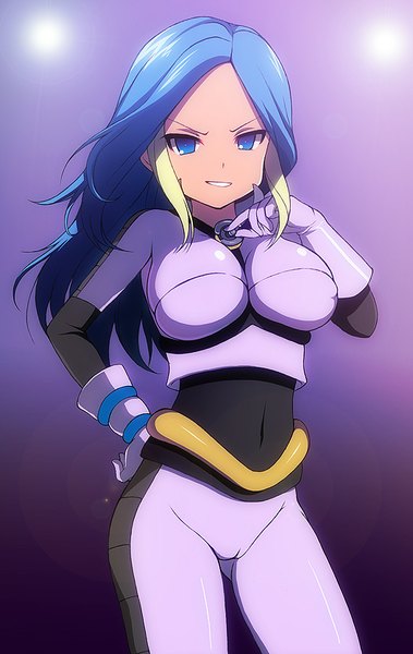 Anime picture 527x834 with inazuma eleven urubida kyoku tou (artist) single long hair tall image looking at viewer breasts blue eyes light erotic simple background smile large breasts blue hair multicolored hair two-tone hair streaked hair hand on hip cameltoe purple background