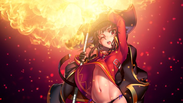 Anime picture 3840x2160 with kono subarashii sekai ni shukufuku wo! studio deen megumin as109 assassinwarrior single looking at viewer blush highres short hair open mouth light erotic red eyes brown hair wide image holding absurdres one eye closed arm up bare belly