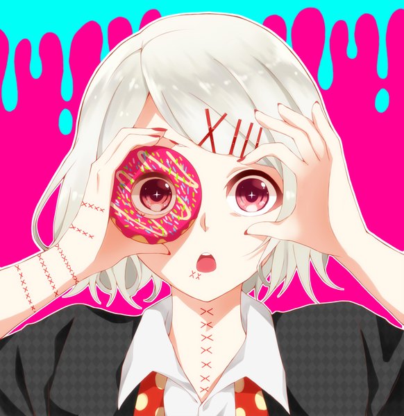 Anime picture 1635x1686 with tokyo ghoul studio pierrot suzuya juuzou kanoya (ueda79861) single tall image looking at viewer short hair open mouth red eyes silver hair nail polish symbol-shaped pupils portrait pink background red nail polish + + albino boy food