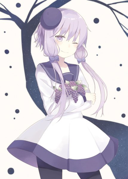 Anime picture 943x1318 with vocaloid yuzuki yukari nagitoki single long hair tall image looking at viewer blue eyes twintails blue hair one eye closed wink low twintails girl dress bow hair bow food beret hair tubes